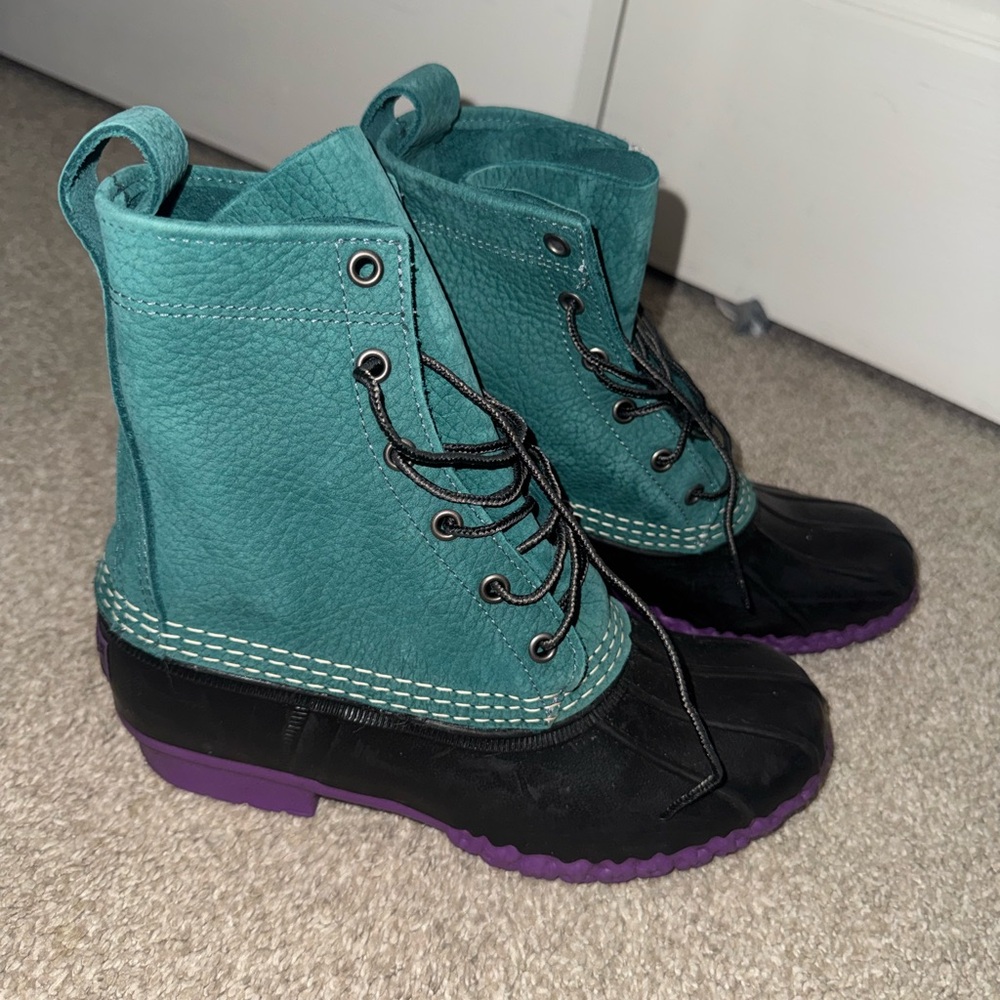 Teal and Black Lace-Up Boots with Purple Soles
